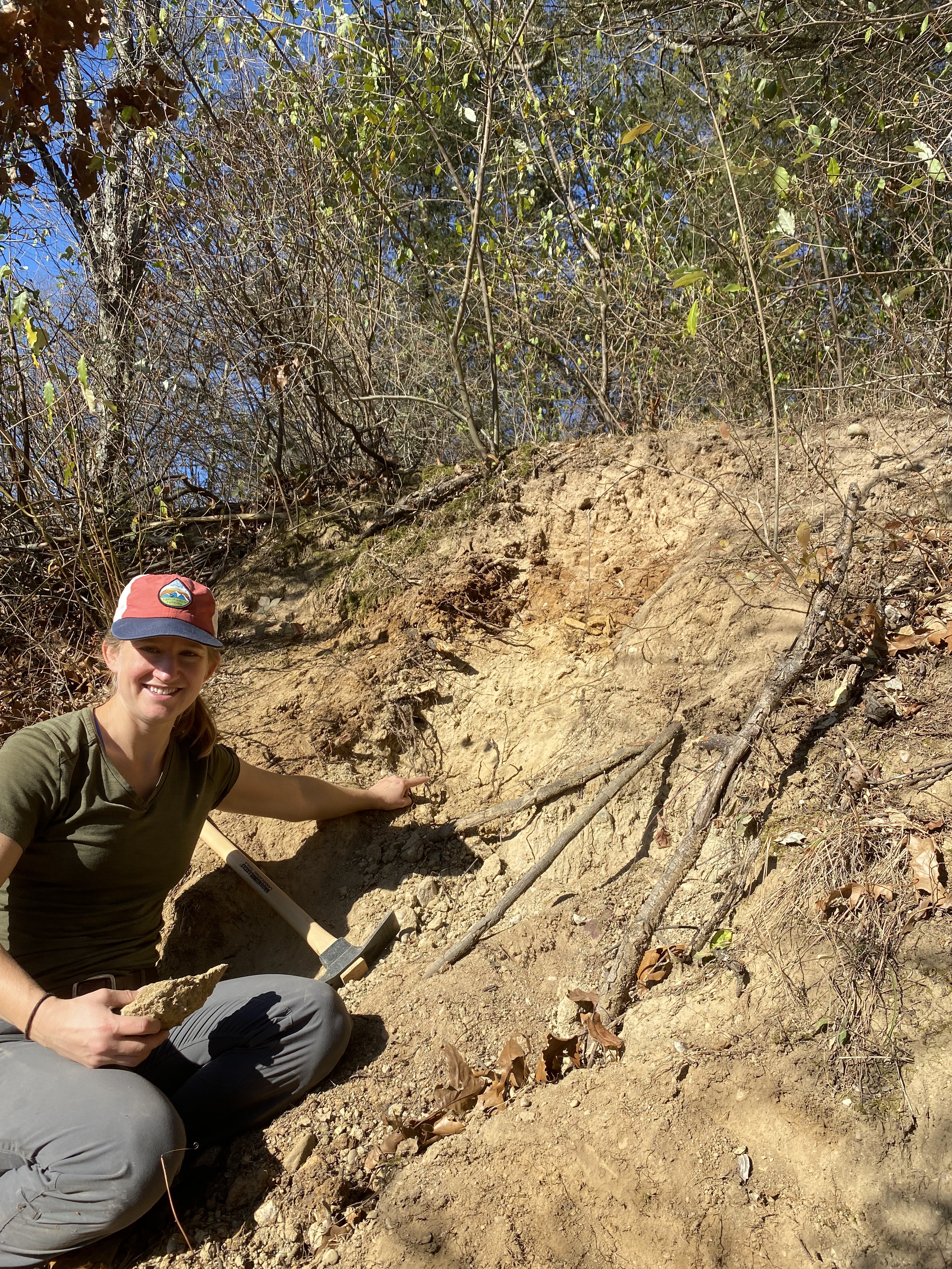 The calcic horizon (I'm pointing at it) is below the color change associated with clay accumulation in the Bt horizon